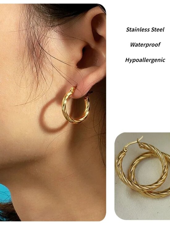 Jewelry - Stainless Steel Plated with 18K Gold Plated Twist Hoop Woman Earring